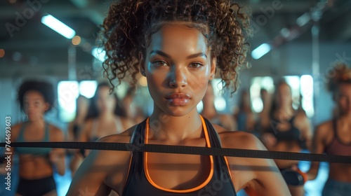 A group of diverse beautiful woman models using a resistance band and weight in a brightly lit fitness center
