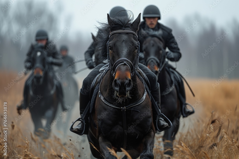 Fototapeta premium A captivating image showing a line of horses and riders in uniform, galloping in a golden field, exuding strength and coordination