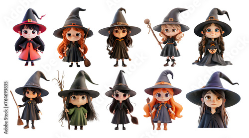 3D Rendering Pack of a Cute Halloween Witch Holding Stick on Transparent Background - Ai Generated