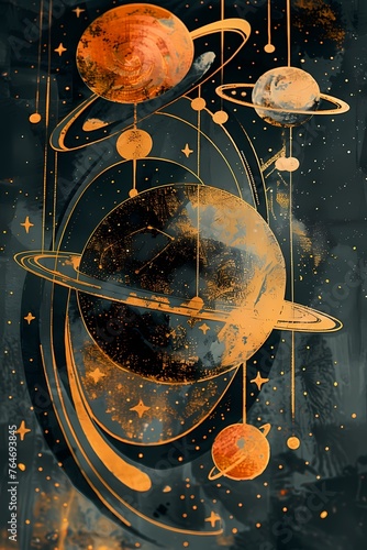 universe planets stars galaxy, minimalistic linocut print style gold blue brown black, thin lines