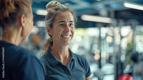 A happy physical therapist guiding a happy senior woman through rehabilitation exercises in a well-equipped gym