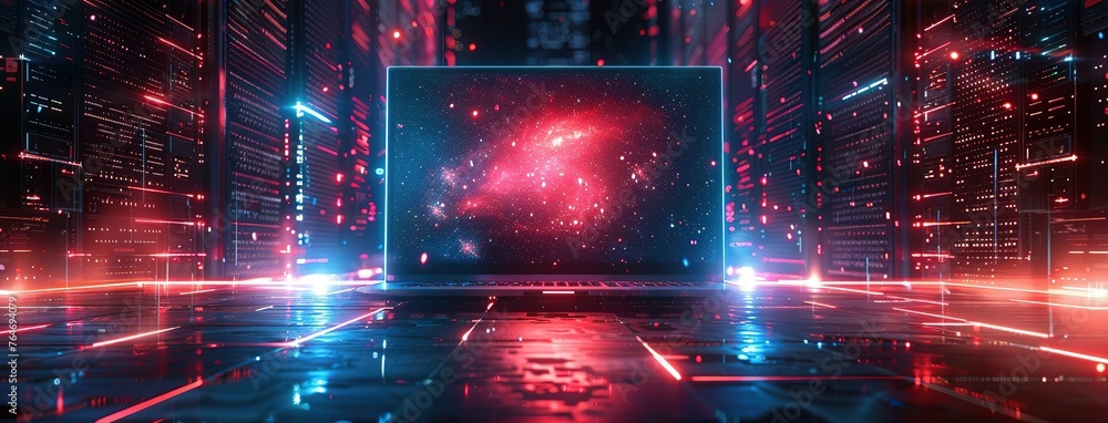 Futuristic illustration about computer technology with a laptop in neon colors - obrazy, fototapety, plakaty 