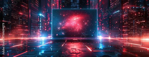 Futuristic illustration about computer technology with a laptop in neon colors