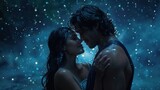 A South Asian man and a Latina woman embracing in a joyful dance under a starry night sky