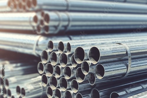 Metal pipes. Galvanized steel pipe or Aluminum and chrome stainless pipes in stack waiting for shipment in warehouse.