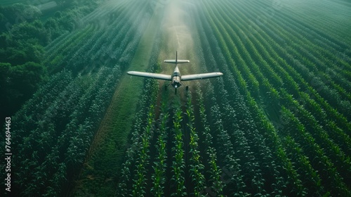 Aerial view of a propeller plane, flying low, spraying agricultural fertilizer Above the lush corn fields