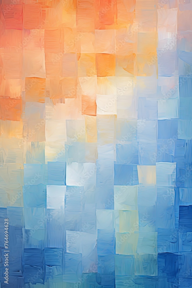 orange and blue squares on the background, in the style of soft, blended brushstrokes