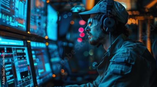 An Engineer man, wearing a hat and headphones, sits in front of a multimedia display device in a control room with an electric blue ambiance photo