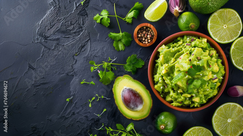 Top view of fresh homemade guacamole with ingredients, suitable for culinary themes and holiday recipes.