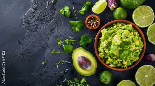 Top view of fresh homemade guacamole with ingredients, suitable for culinary themes and holiday recipes. photo