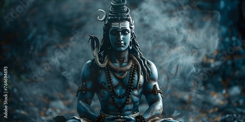 Depiction of Lord Shiva: The Mighty Hindu Deity of Destruction. Concept Hindu mythology, Shiva's attributes, symbolism of Shiva, legends of Shiva, temples dedicated to Shiva photo