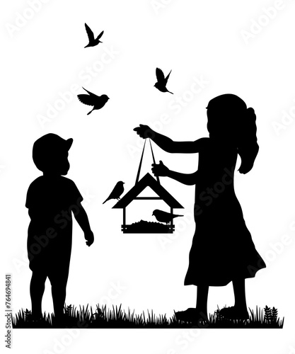 Children and pets silhouettes on white background. Little girl and boy play and feed birds. Vector illustration.	
