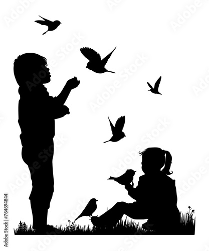 Children and pets silhouettes on white background. Little girl and boy play and feed birds. Vector illustration.	

