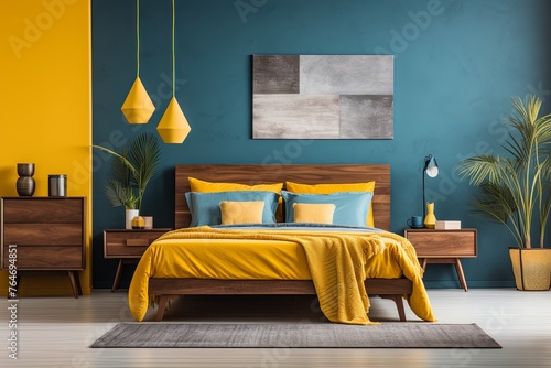 modern bedroom with a wood bed and yellow walls, in the style of dark azure and beige
