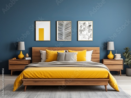 modern bedroom with a wood bed and yellow walls  in the style of dark azure and beige