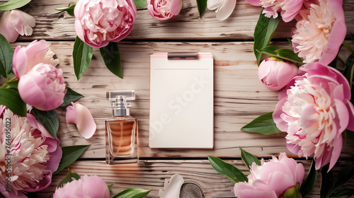 Top view of peonies, clipboard and perfume ideal for Mother's Day designs.