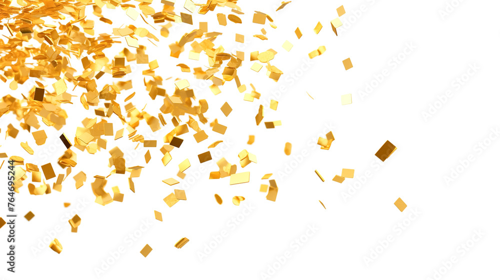 Golden confetti falling down isolated on white background.
