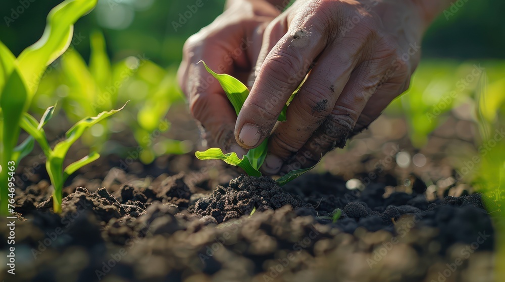 Fototapeta premium Farmer's hands planting corns seedling in potting soil