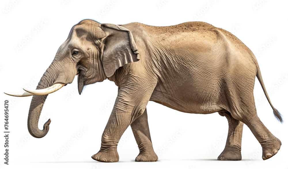 Elephant walking isolated on white background.
