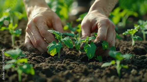 Farmer's hands planting tomato seedlings on the ground