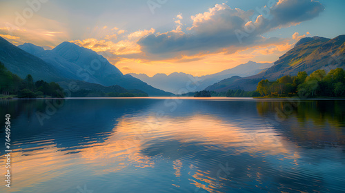 A tranquil lake, with serene mountains as the background, during a peaceful sunset © CanvasPixelDreams