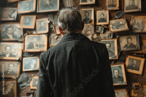 A man with his back to the camera contemplates a wall filled with framed black and white vintage photographs