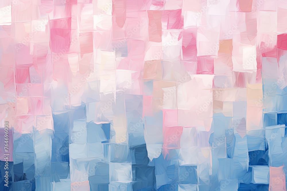 pink and blue squares on the background, in the style of soft, blended brushstroke
