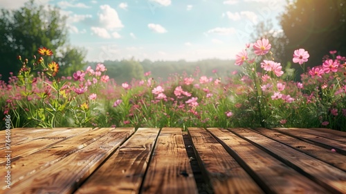 The empty wooden brown table top with a background of a flower nature landscape
