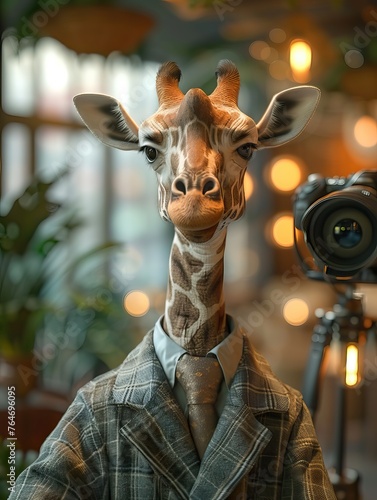 realistic Giraffe reporter covering a crime scene, in a luxury cafe background, © Fay Melronna 