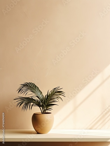 Potted plant on table in front of beige wall  in the style of minimalist backgrounds  exotic