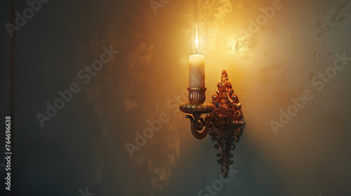 A candle is lit in a room with a wall behind it © natalia