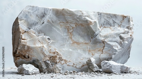 a photo of a large chunk of raw marble that has started being carved, rough edges, very big, chips of marble on the ground, on a white background,