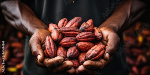 Raw cocoa beans in the hands of a man. Cocoa close-up. Generative AI