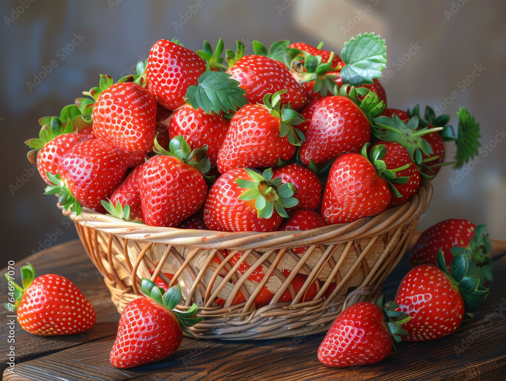 Fresh strawberries in basket on wooden table Fresh strawberries in basket on wooden table