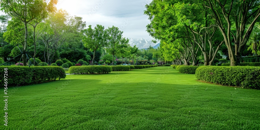 Sun-dappled park with manicured hedges and flower beds Sun-dappled park with manicured hedges and flower beds