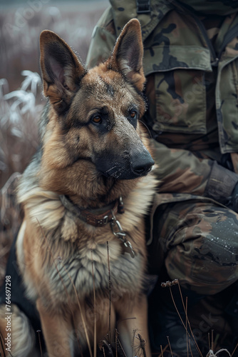 German shepherd dog sitting next to soldier in the field
