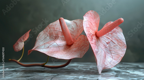 Two pink flowers with red tips are on a table photo