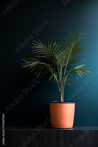 Potted plant on table in front of black wall  in the style of minimalist backgrounds  exotic