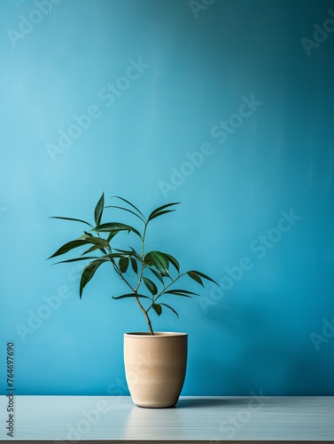 Potted plant on table in front of blue wall, in the style of minimalist backgrounds, exotic