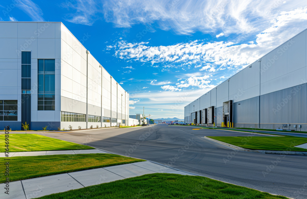 Obraz premium Exterior of modern warehouse building with empty street