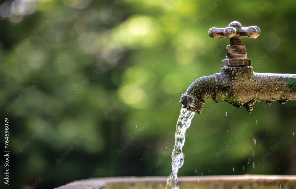 Water flows from the tap. A old water tap with a big spout from which white water is flowing Water flows from the tap. A old water tap with a big spout from which white water is flowing