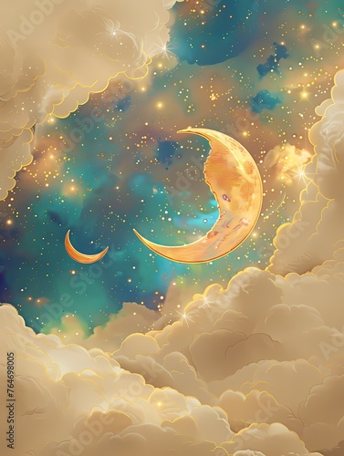 background of. iridescent colors on beige, starry night, moon, clouds, iridescent gold.