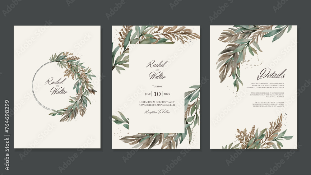 Elegant Wedding Invitation in Natural Rustic Boho Style with Watercolor Leaves. Bouquets of their Dry Flowers, Cereals, Pampas Grass. Vector