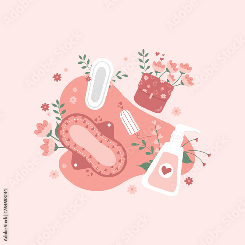 Banner With Elements On Theme Menstrual Period. Illustration of women's intimate hygiene products, pads, tampon in Flat style. Vector