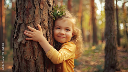Cute little girl hugging big tree trunk during daytime. © Santy Hong