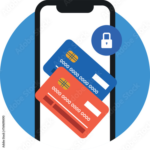 Online payment. Secure online payment banner with smart phone and two credit cards on it. Online banking, e payment, e Wallet. Safe and secure Online banking and finance management by using e wallets.