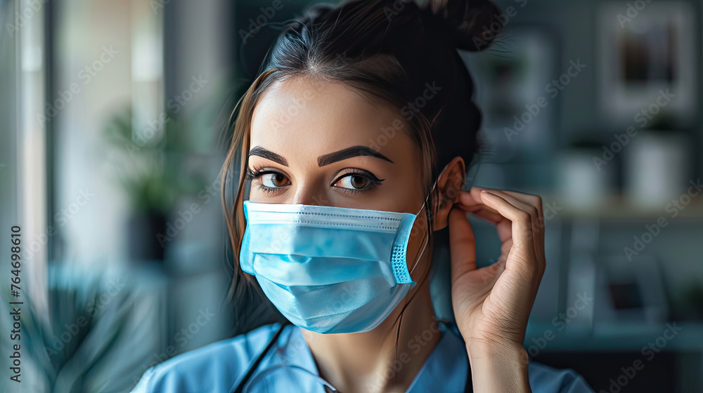Female nurse in uniform putting on medical mask before work while standing in clinic. Female nurse in uniform putting on medical mask before work while standing in clinic.