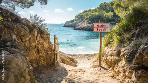 Fototapeta Naklejka Na Ścianę i Meble -  Naturism concept image with entrance of a naturist beach with a sign written nudist beach