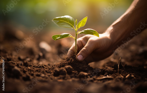 Farmer's hand planting the seedlings into the soil