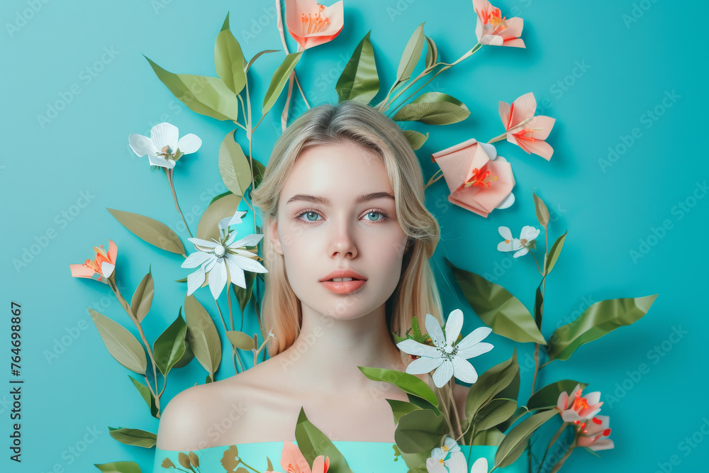 Portrait of a blonde hair caucasian young woman with floral theme for spring or summer isolated on blue background Portrait of a blonde hair caucasian young woman with floral theme for spring or summer isolated on blue background